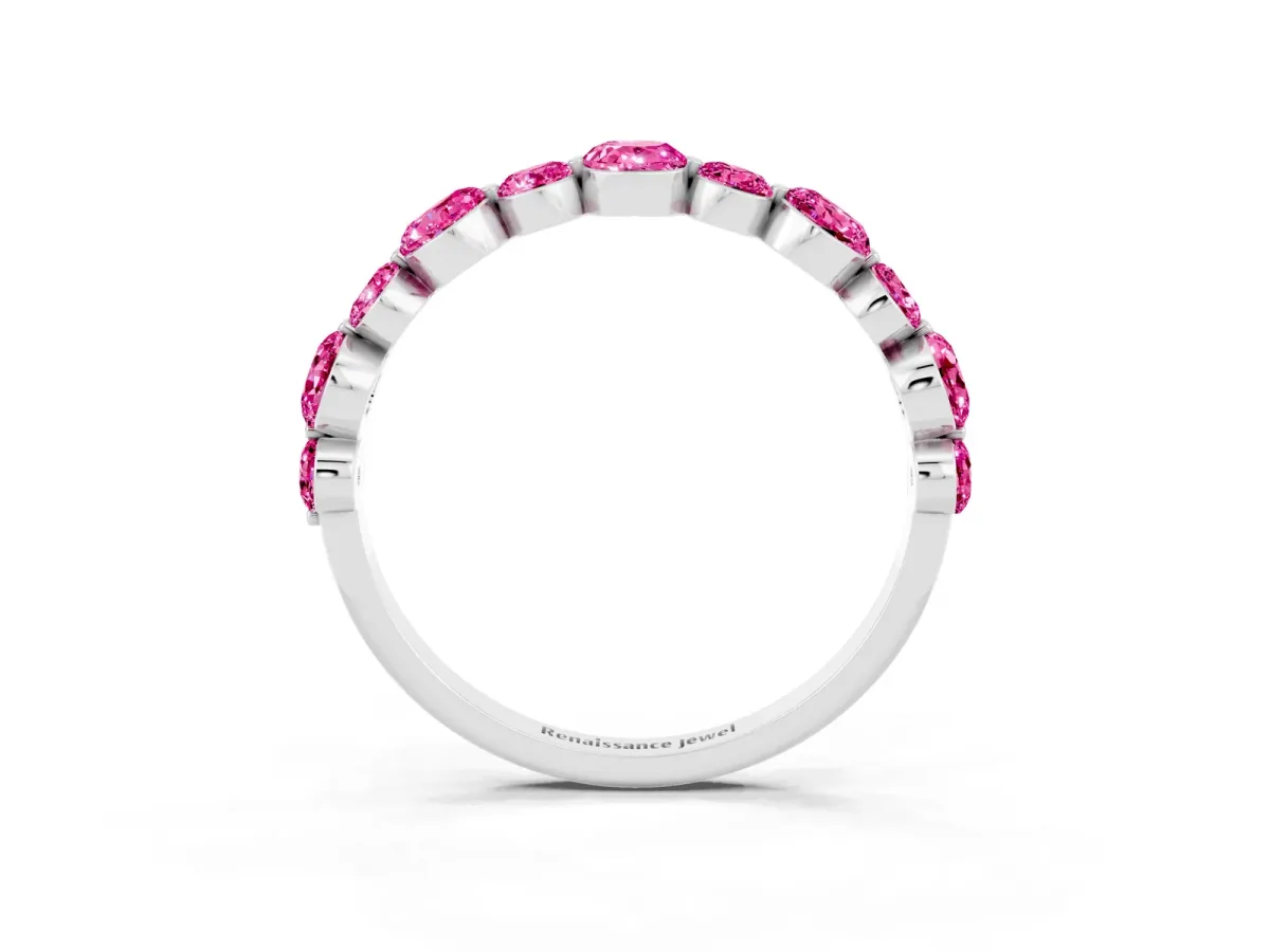 Round Pink Sapphire Scalloped Prong Set Eternity Band Silver