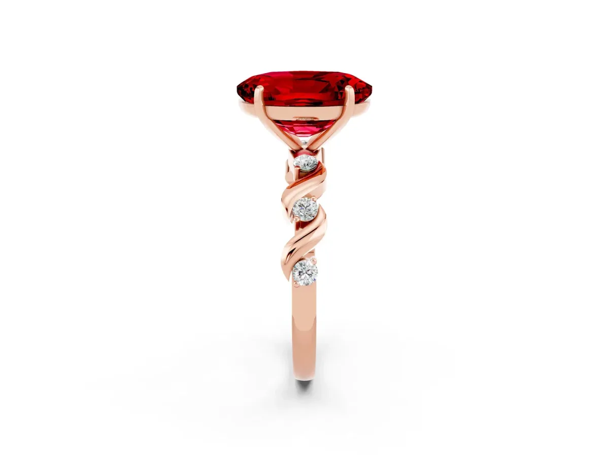 Oval Cut Ruby Solitaire Twisted Band with Round Accents and Prong Setting Rose gold