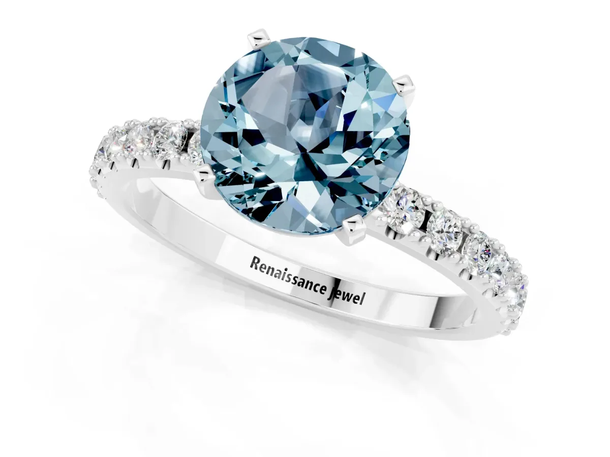 Round Cut Aquamarine Solitaire Pavé Band with Four-Prong Setting Silver