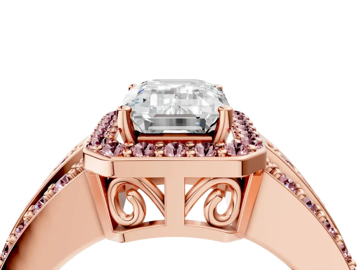 Emerald Cut Halo Diamond Ring with Round Morganite Split Shank and Prong Setting Rose gold