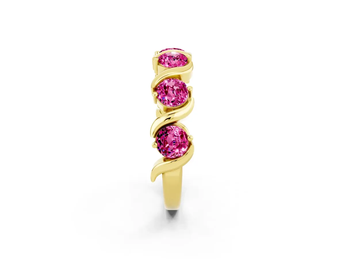 Round Pink Sapphire Half Eternity Band with Wave Prong Setting Yellow gold