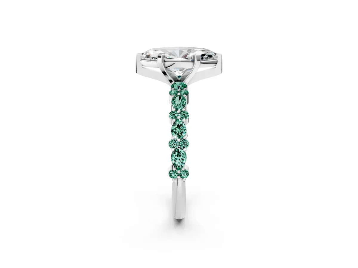 Marquise Cut Diamond Side Stone Solitaire Ring with Round Green Sapphire and Four-Prong Setting Silver