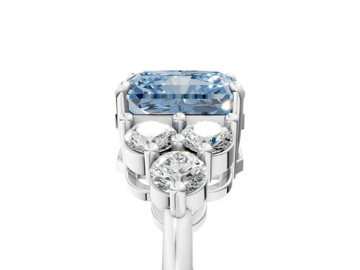 Fancy Blue Radiant Cut Brilliant Diamond Cluster Accent Solitaire Ring with Prong Setting Platinum