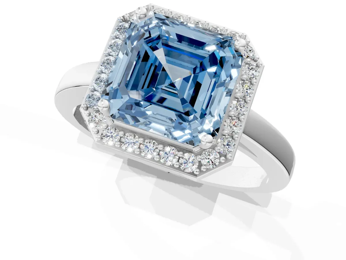 Fancy Blue Asscher Cut Halo Diamond Ring with Solitaire Band and Prong Setting Platinum