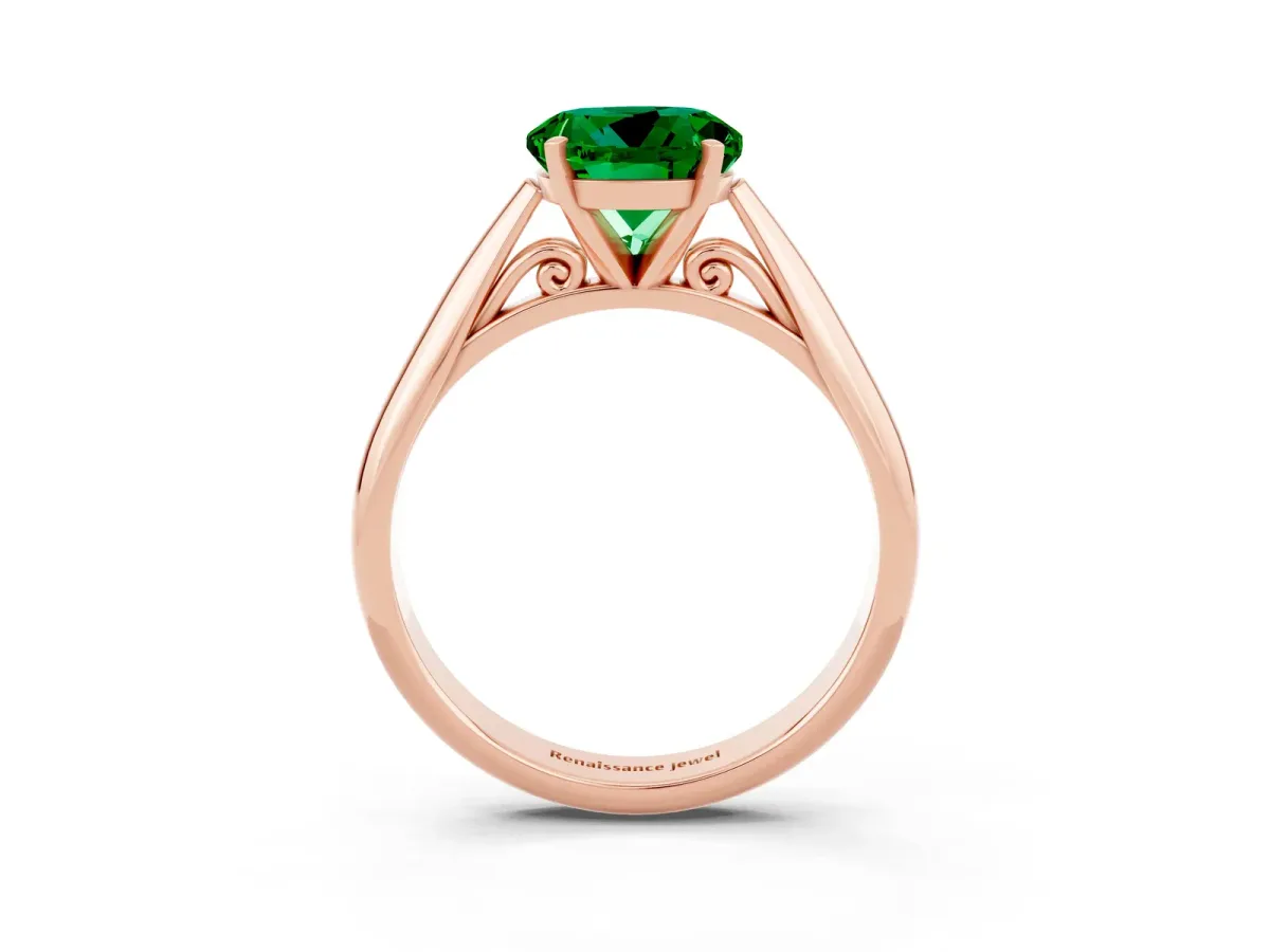 Round Cut Emerald Solitaire Engagement Ring with Cathedral Setting and Four-Prong Mount Rose gold