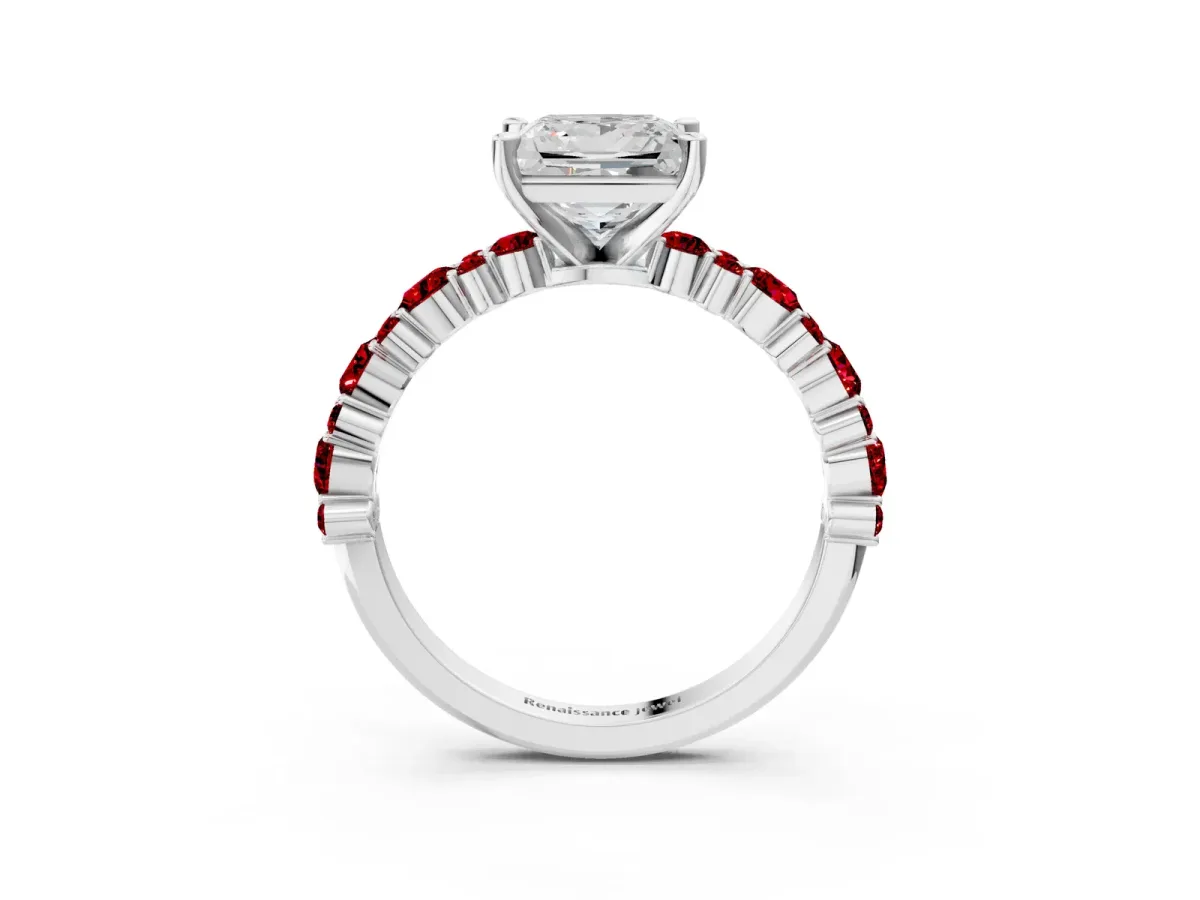 Princess Cut Diamond Side Stone Solitaire Ring with Round Ruby and Four-Prong Setting White gold