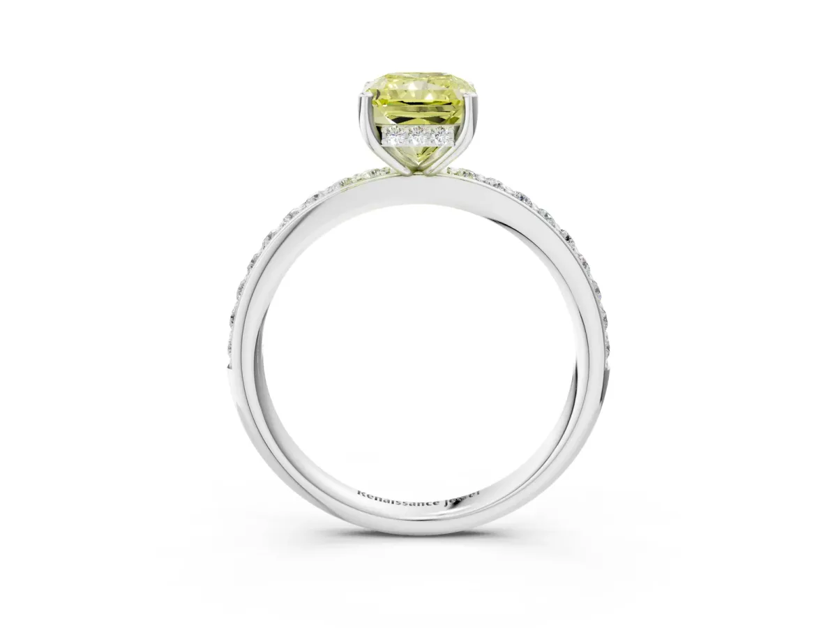Fancy Yellow Radiant Cut Cut Diamond Pavé Band Ring with Four-Prong Setting Platinum