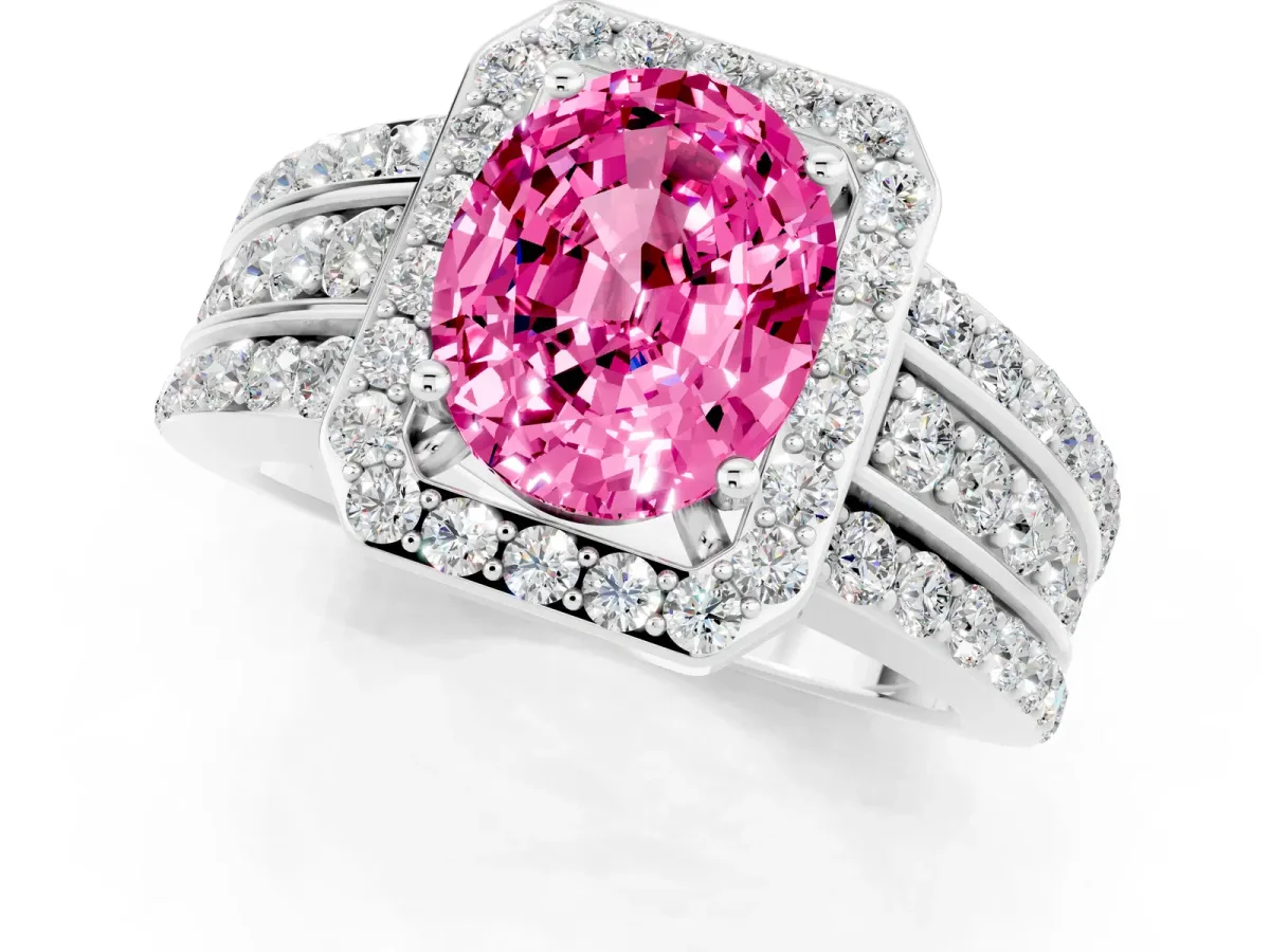 Oval Cut Halo Pink Sapphire Ring with Round Split Shank and Prong Setting Silver