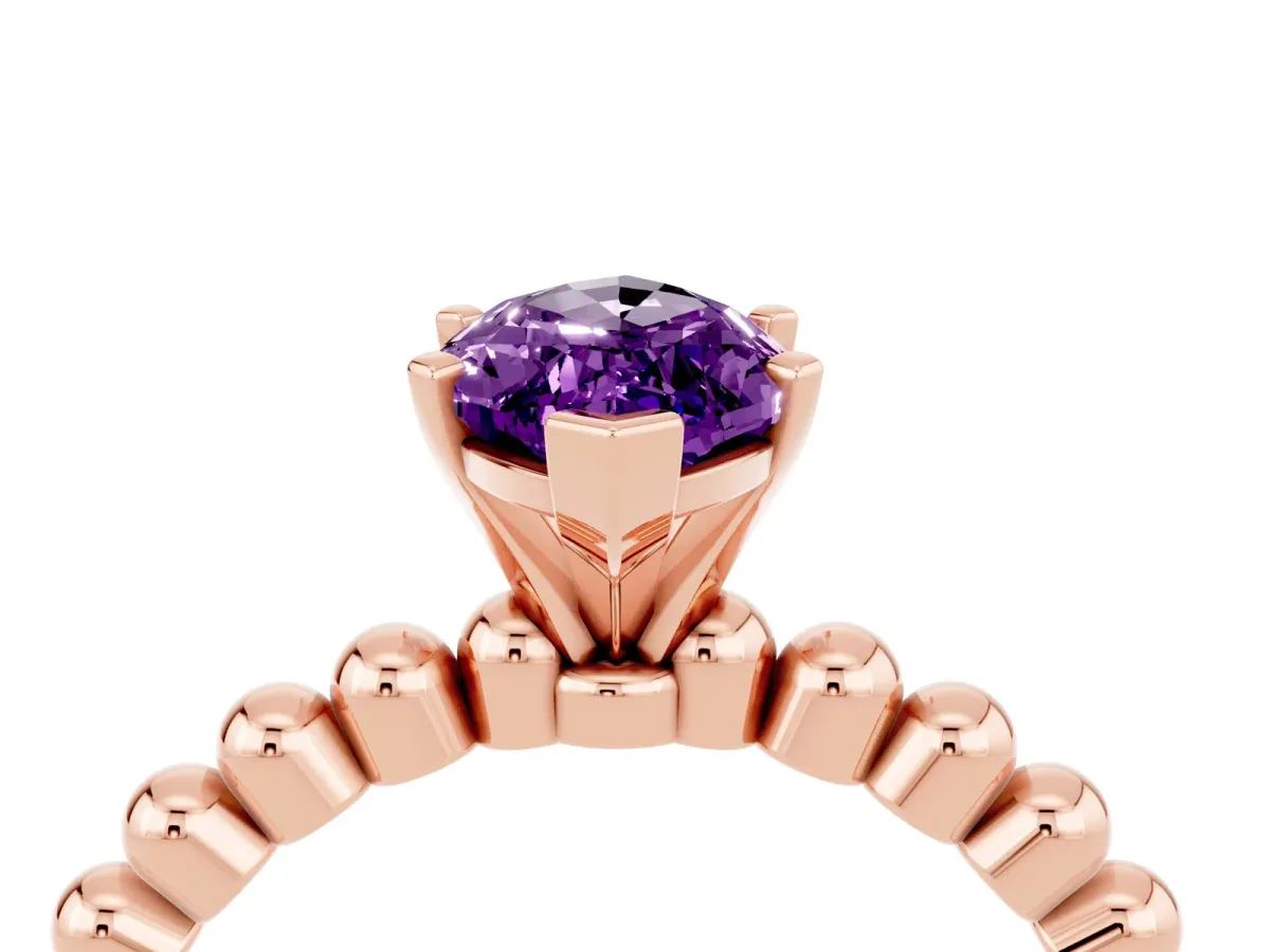 Marquise Cut Amethyst Solitaire Ring with Beaded Band and Prong Setting Rose gold