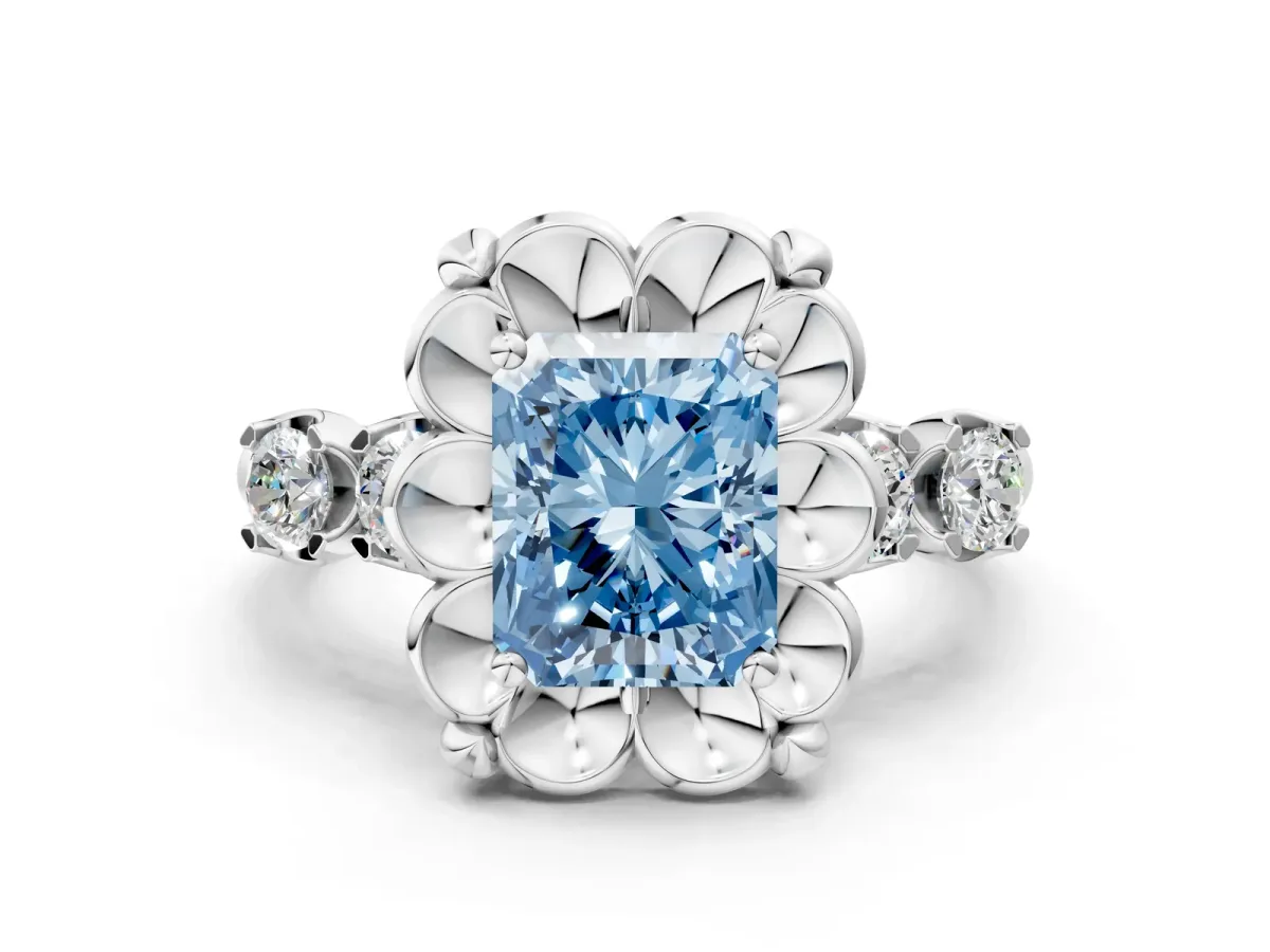Fancy Blue Radiant Cut Cut Diamond Floral Halo Engagement Ring with Shared Prong Setting Silver