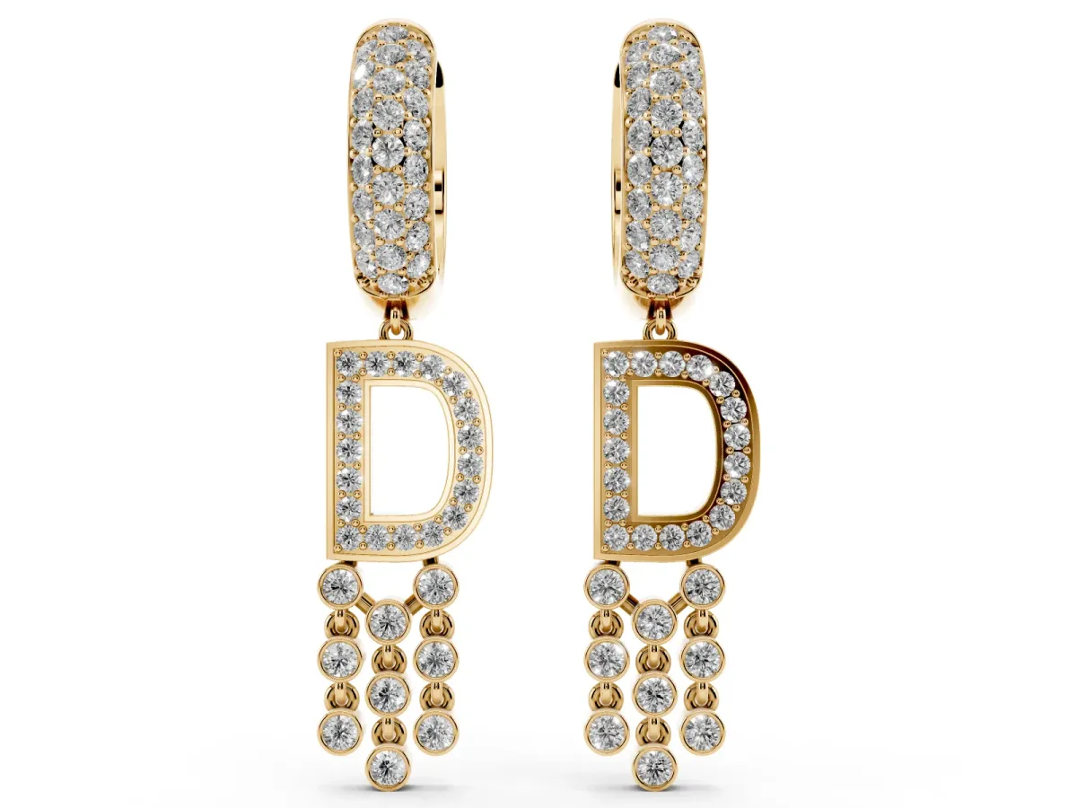 Round Diamond Initial D Huggie Hoop Earrings Yellow gold