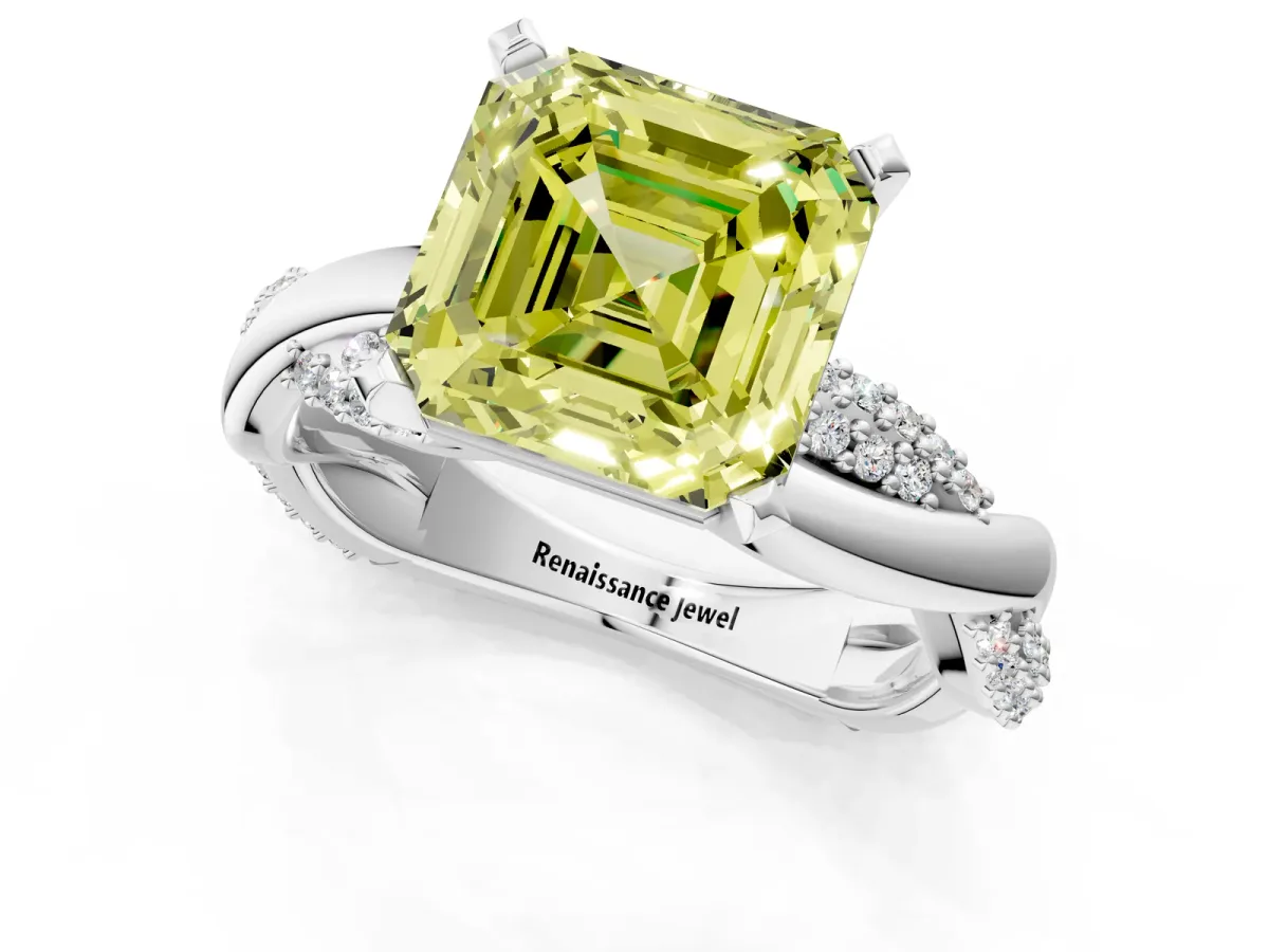 Fancy Yellow Asscher Cut Solitaire Twist Band with Pave Prong Setting Platinum