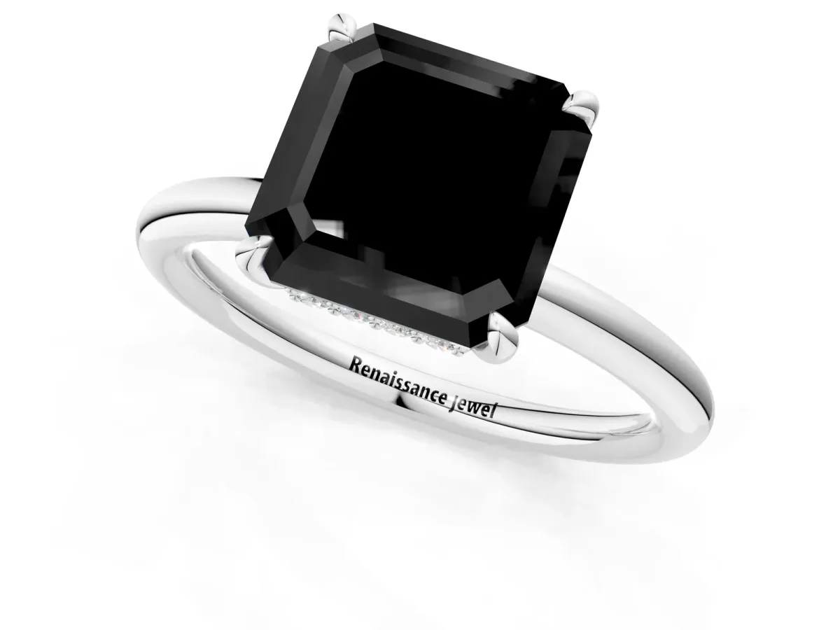 Fancy Black Asscher Cut Diamond Solitaire Ring with Thin Band and Four-Prong Setting Platinum
