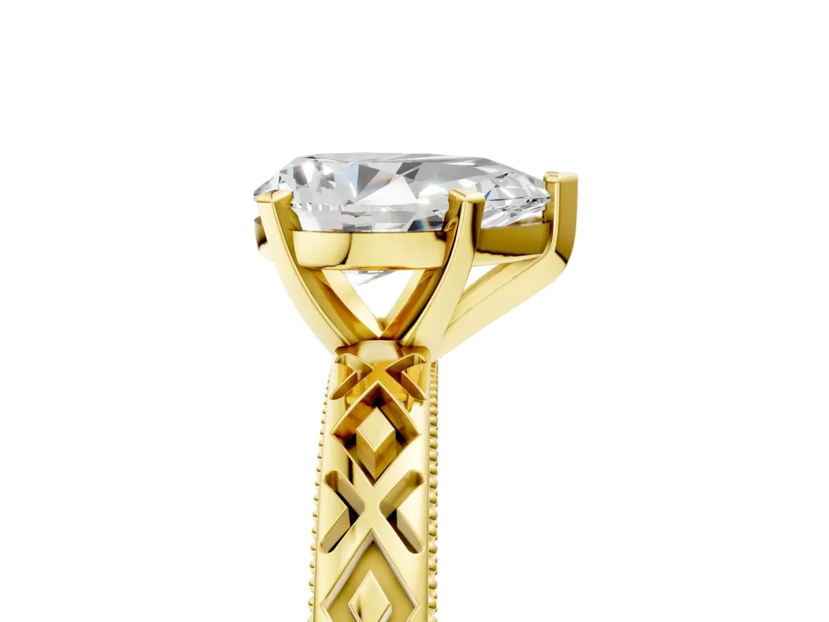 Pear Cut Solitaire Diamond Ring with Milgrain and Black Enamel X Pattern Band Yellow gold