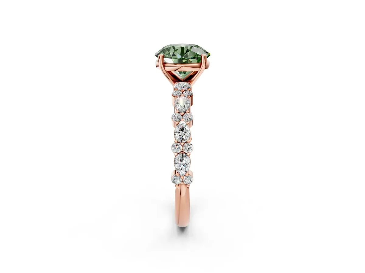 Fancy Green Round Cut Diamond Side Stone Solitaire Ring with Round and Four-Prong Setting Rose gold