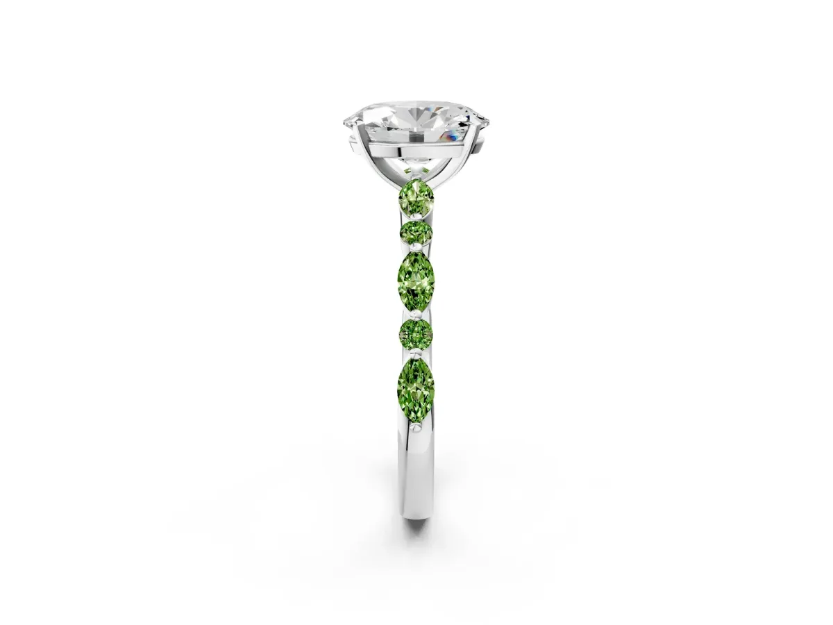 Oval Cut Diamond Ring with Marquise and Round Peridot Side Stones and Four-Prong Setting Silver