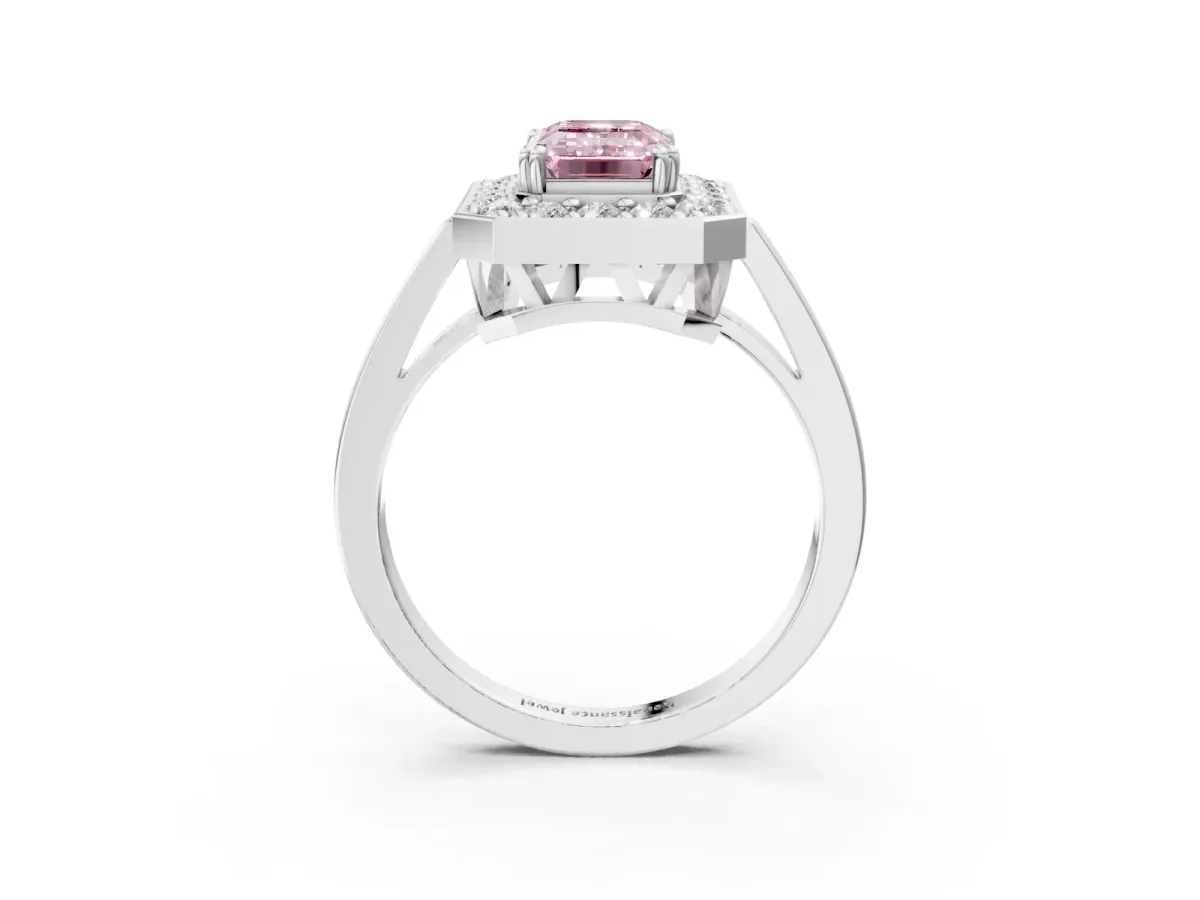 Fancy Pink Emerald Cut Diamond Halo Ring with Split Shank and Four-Prong Setting White gold