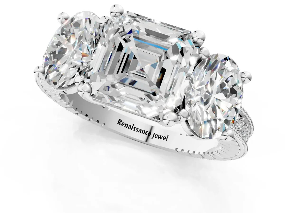 Three-Stone Asscher Cut Diamond Milgrain Pave Band with Prong Setting Platinum
