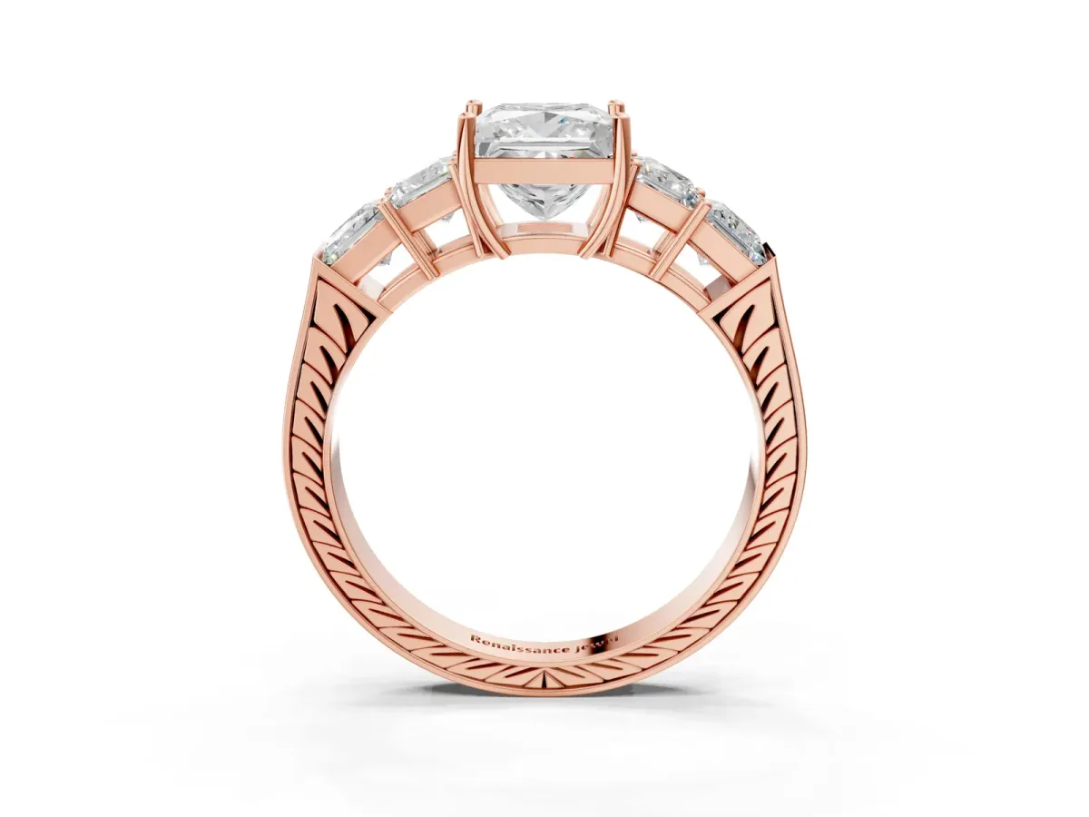 Princess Cut Solitaire Princess Side Stone Engraved Band Prong Setting Ring Rose gold
