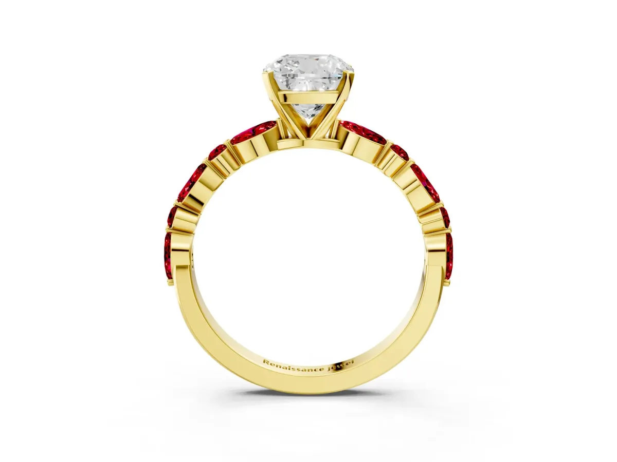 Cushion Cut Diamond Ring with Marquise and Round Ruby Side Stones and Four-Prong Setting Yellow gold