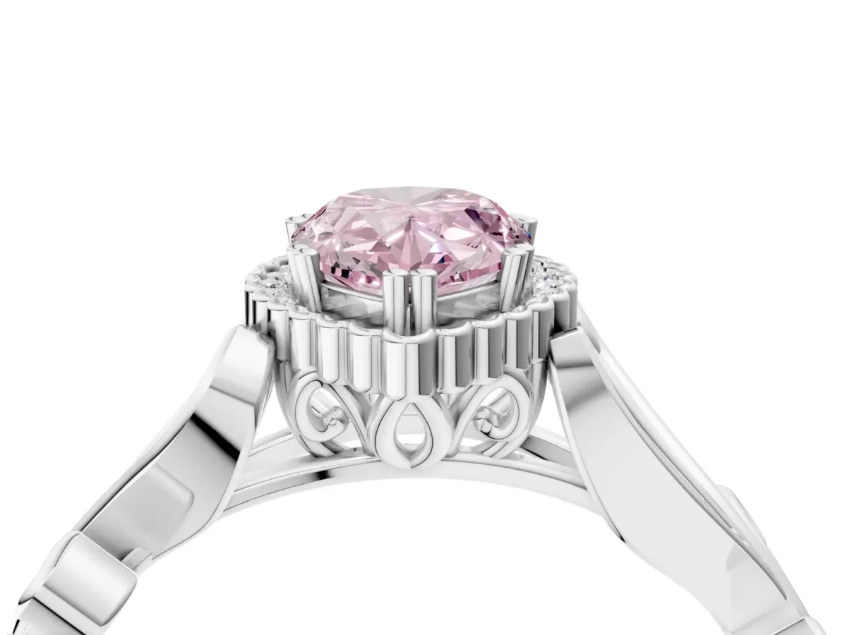 Fancy Pink Pear Cut Diamond Halo Ring with Vintage Split Shank and Four-Prong Setting Platinum