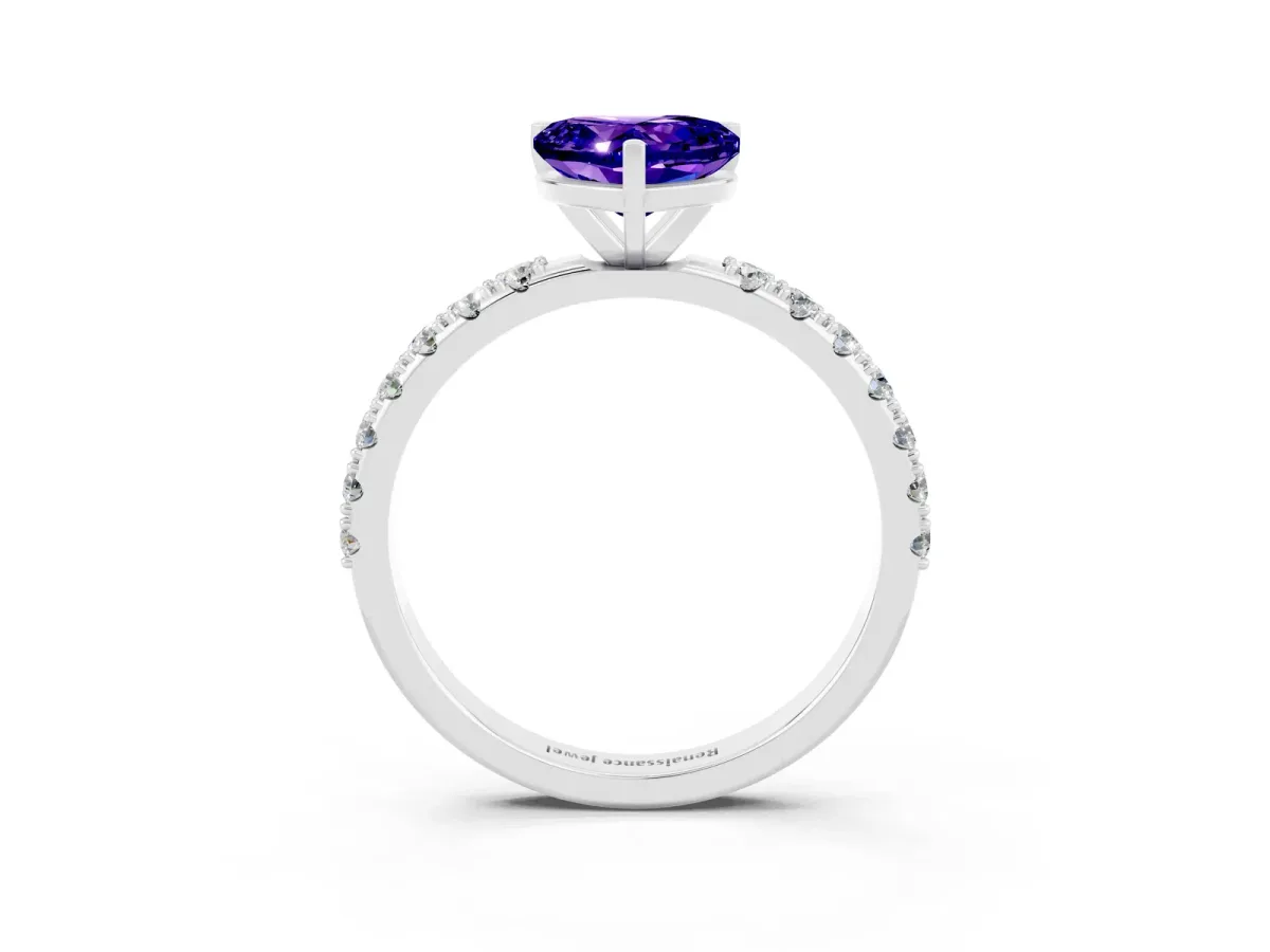 Heart Cut Tanzanite Solitaire Pavé Band with Four-Prong Setting Silver
