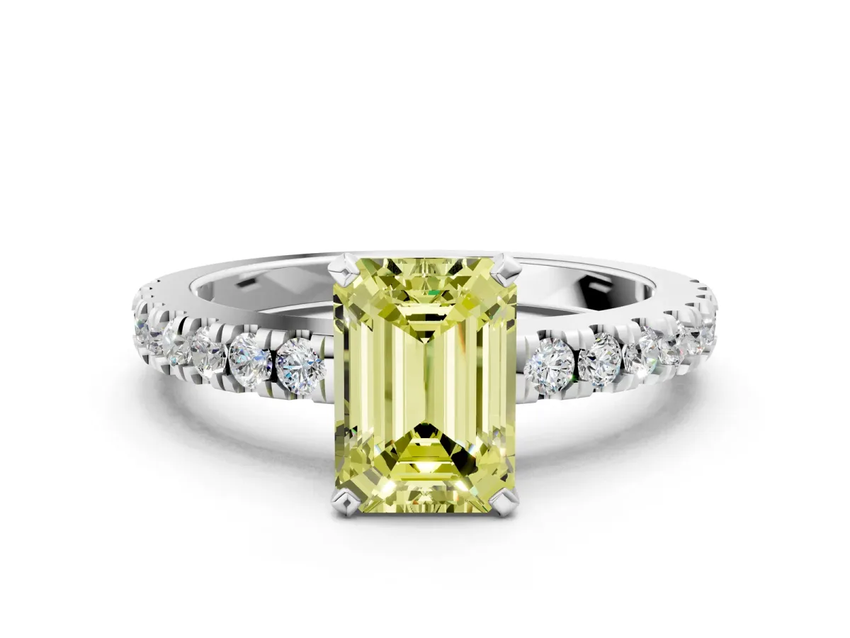 Fancy Yellow Emerald Cut Solitaire Diamond with Pavé Band and Four-Prong Setting Silver