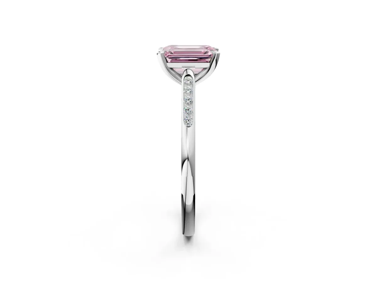 Fancy Pink Emerald Cut Diamond Solitaire Ring with Channel Set Round Band and Prong Setting Silver