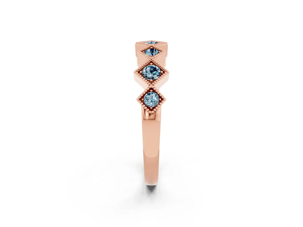 Milgrain Square Bezel Round Aquamarine Chevron Band Rose gold