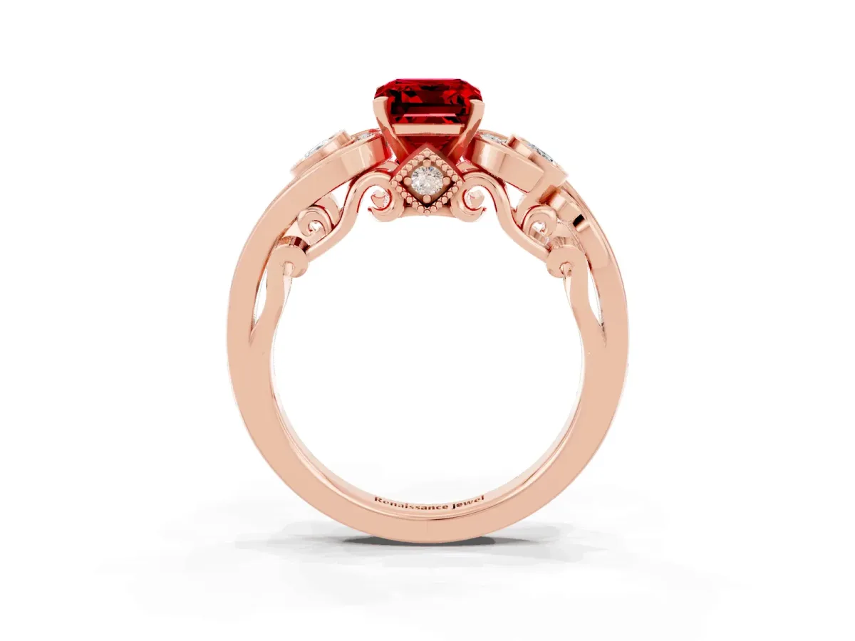 Emerald Cut Ruby Solitaire Ring with Milgrain Pavé Band and Four-Prong Setting Rose gold