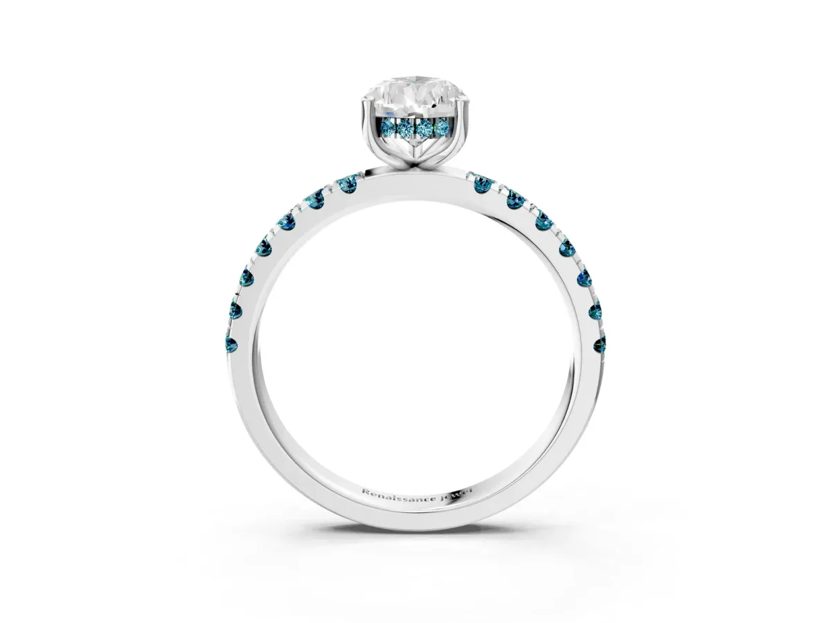 Pear Cut Diamond Pave Band Solitaire Ring with Round Blue Topaz and Prong Setting Silver