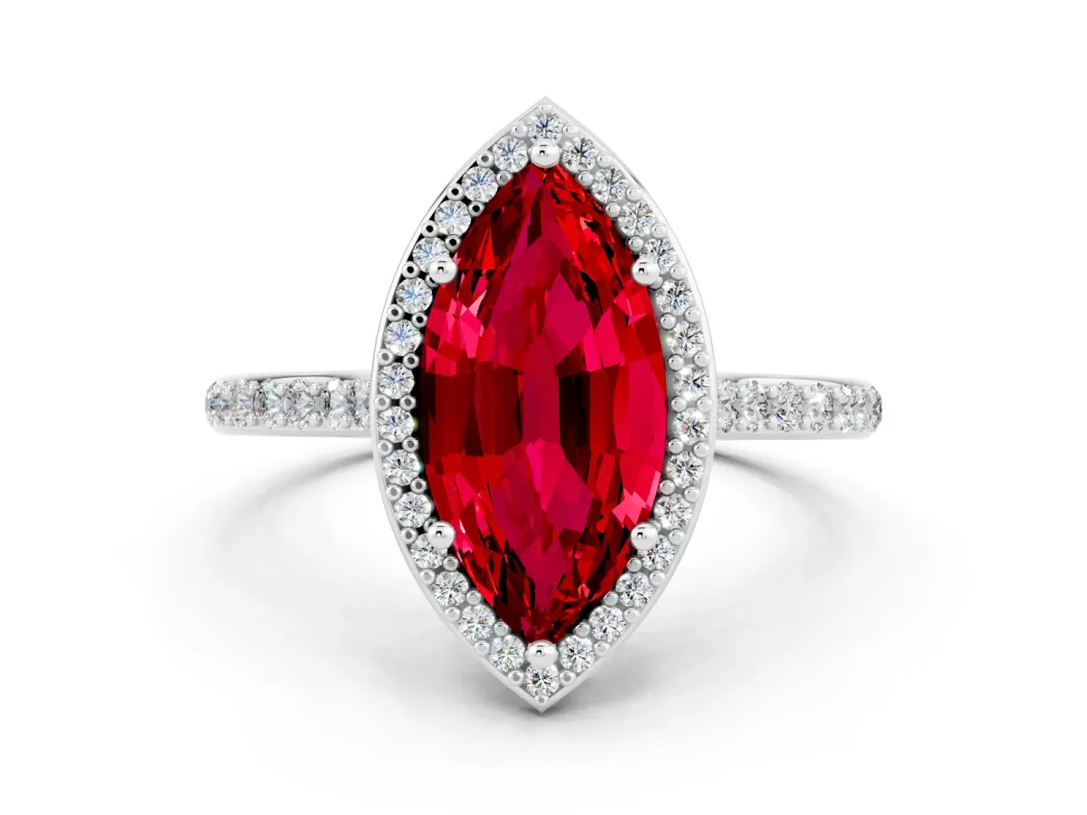 Marquise Cut Ruby Halo Engagement Ring with Round Pavé Shoulders and Prong Setting Platinum