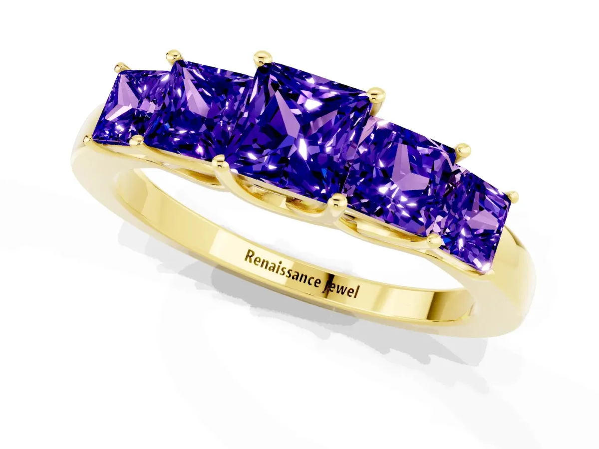 Princess Cut Five-Stone Tanzanite Ring with Classic Prong Setting Yellow gold