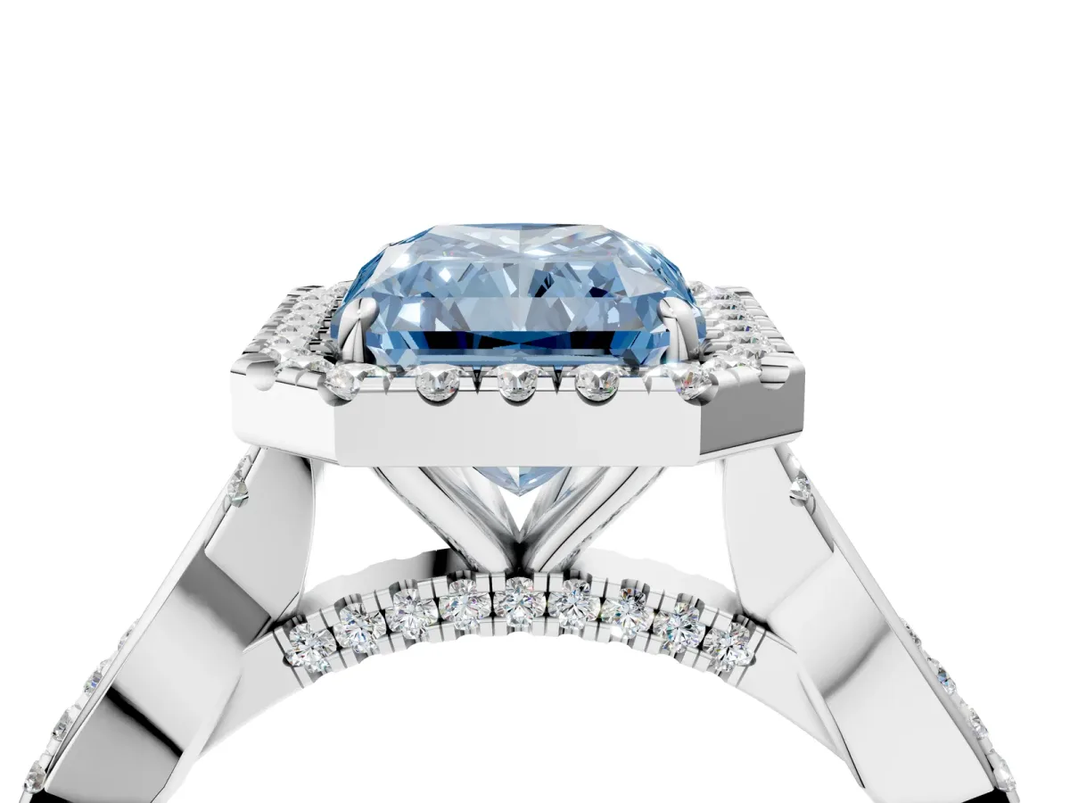 Fancy Blue Radiant Cut Halo Twist Band Solitaire Ring Platinum