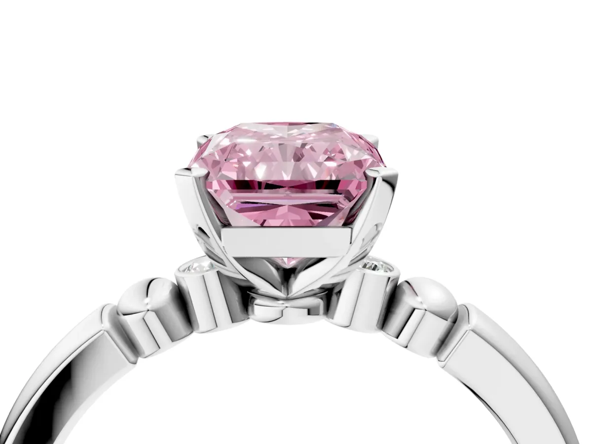 Fancy Pink Radiant Cut Solitaire Beaded Band with Four-Prong Setting Platinum