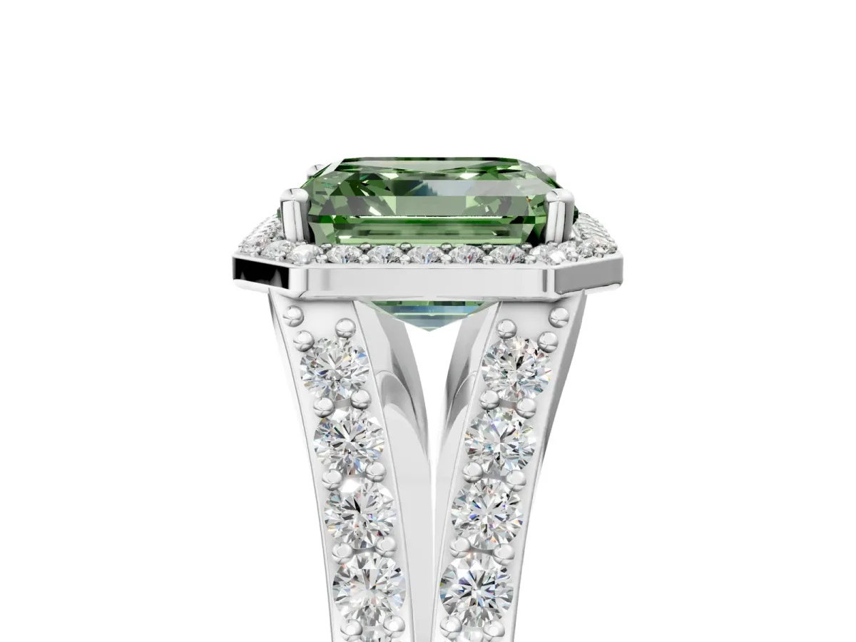 Fancy Green Asscher Cut Diamond Split Shank Halo Ring with Four-Prong Setting Platinum