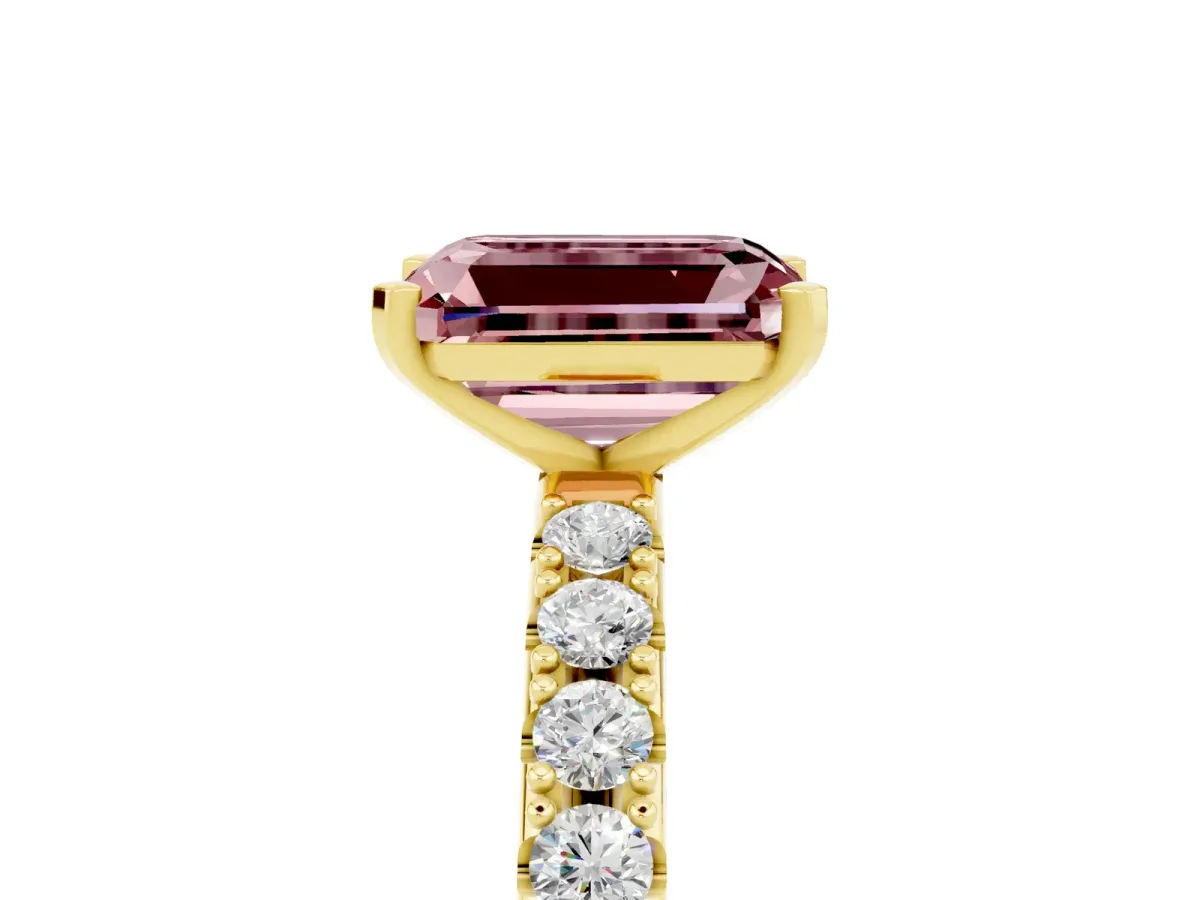 Emerald Cut Morganite Solitaire Pavé Band with Four-Prong Setting Yellow gold