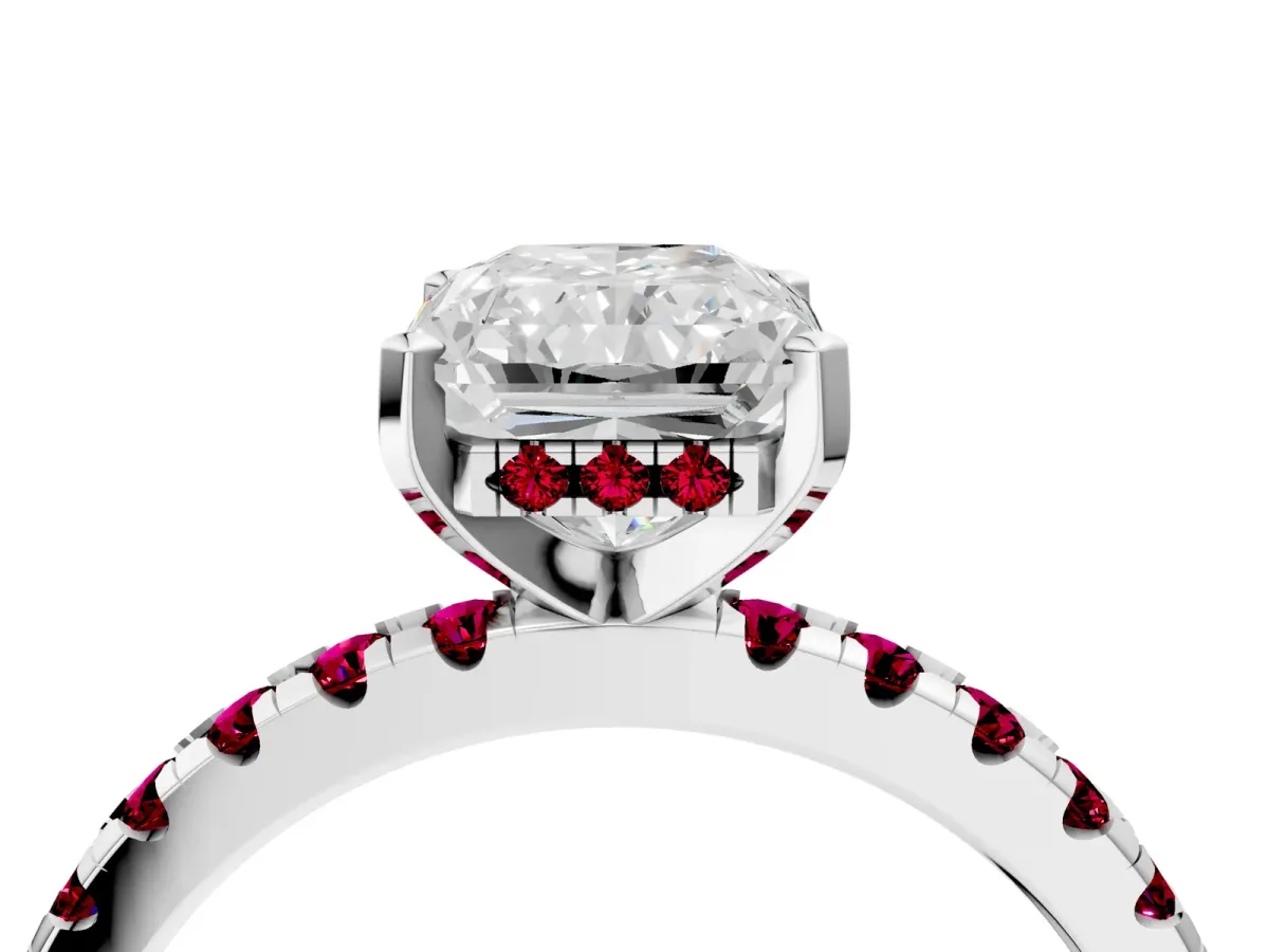 Radiant Cut Diamond Solitaire Ring with Round Garnet Pavé Band and Four-Prong Setting Silver