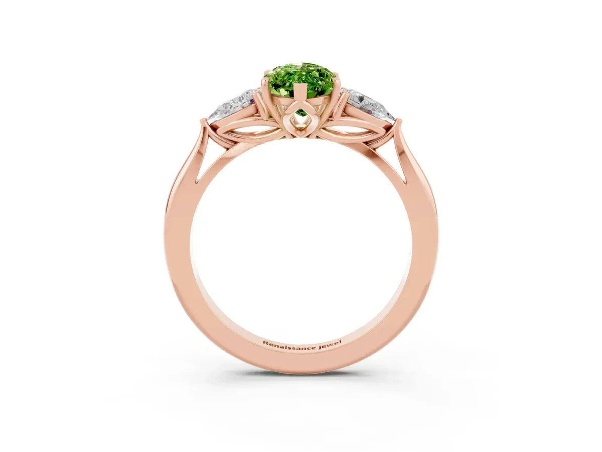 Marquise Cut Peridot Three-Stone Ring with Pear Side Stones and Prong Setting Rose gold