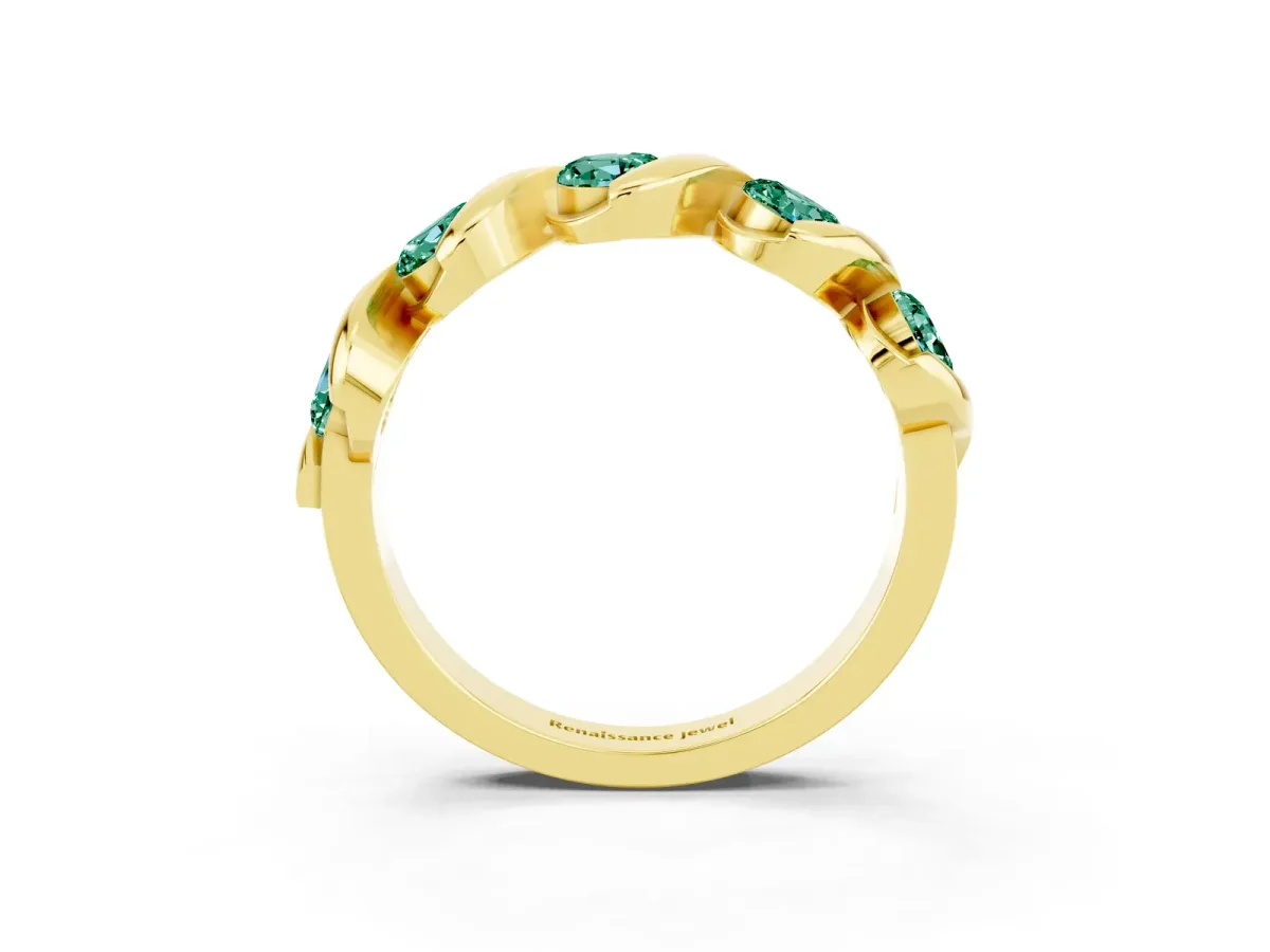 Round Green Sapphire Wave Band with Channel Setting and Shared Prongs Yellow gold