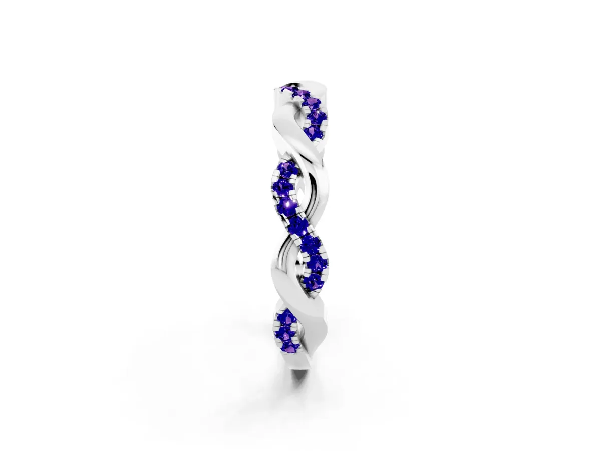 Pavé Round Tanzanite Twist Eternity Band with Shared Prong Setting Silver