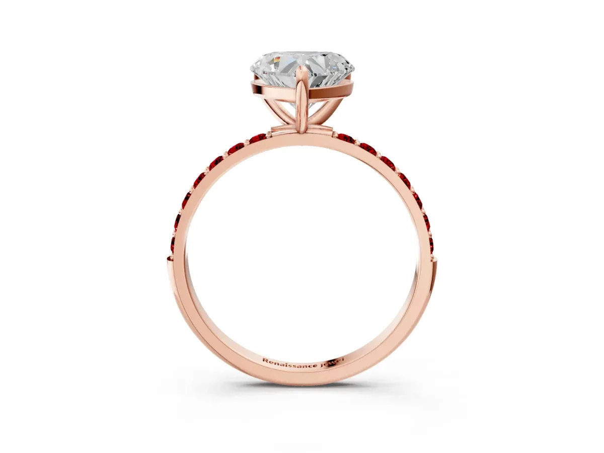 Heart Cut Diamond Solitaire Ring with Round Ruby Pavé Band and Prong Setting Rose gold