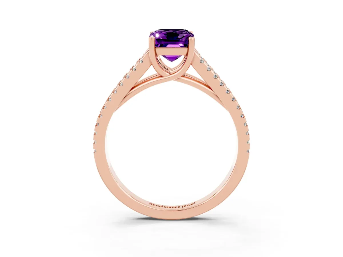 Emerald Cut Amethyst Solitaire Engagement Ring with Split Shank Pavé Band Rose gold