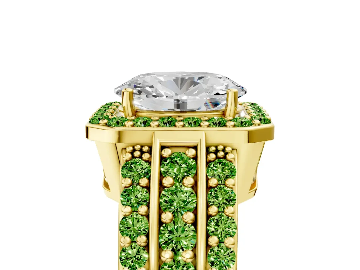 Oval Cut Halo Diamond Ring with Round Peridot Split Shank and Prong Setting Yellow gold