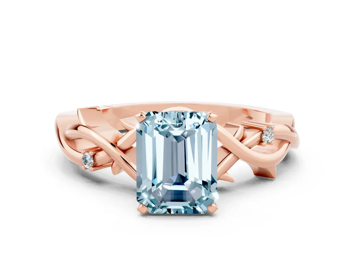 Emerald Cut Aquamarine Solitaire Ring with Twisted Band and Prong Setting Rose gold