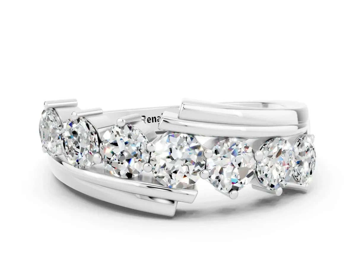 Round Moissanite Wave Band with Channel and Shared Prong Setting White gold