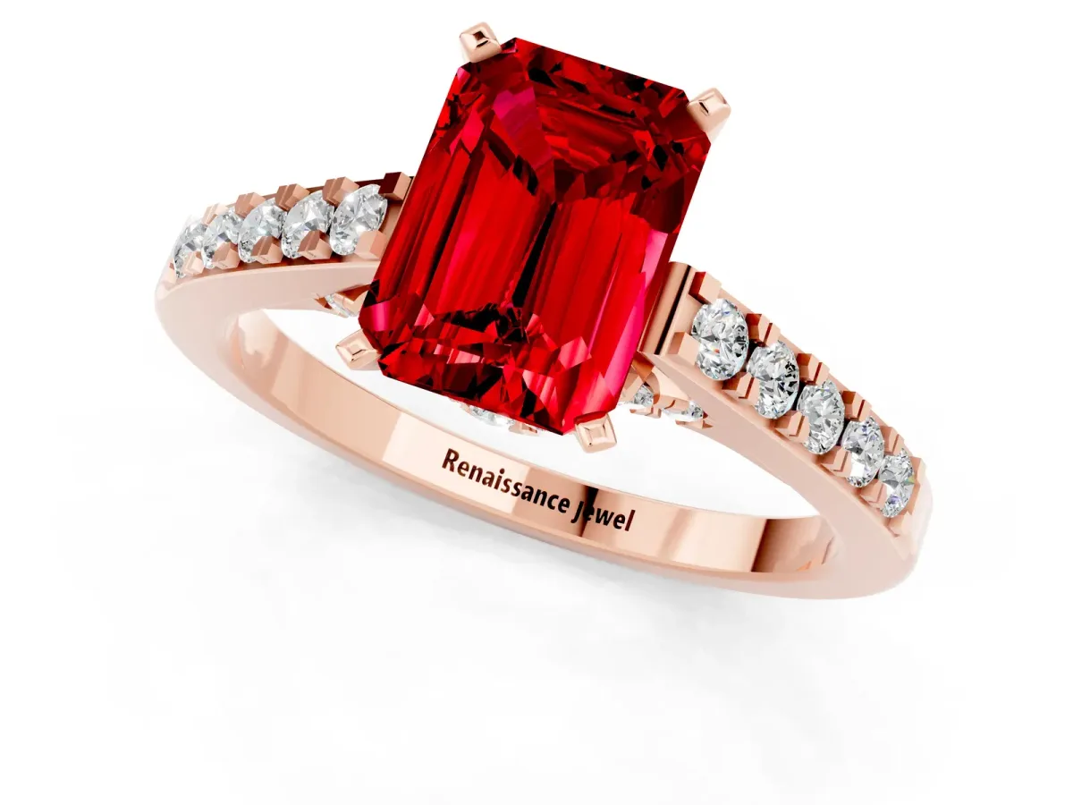 Emerald Cut Ruby Solitaire Ring with Crossover Gallery and Round Pavé Band Rose gold