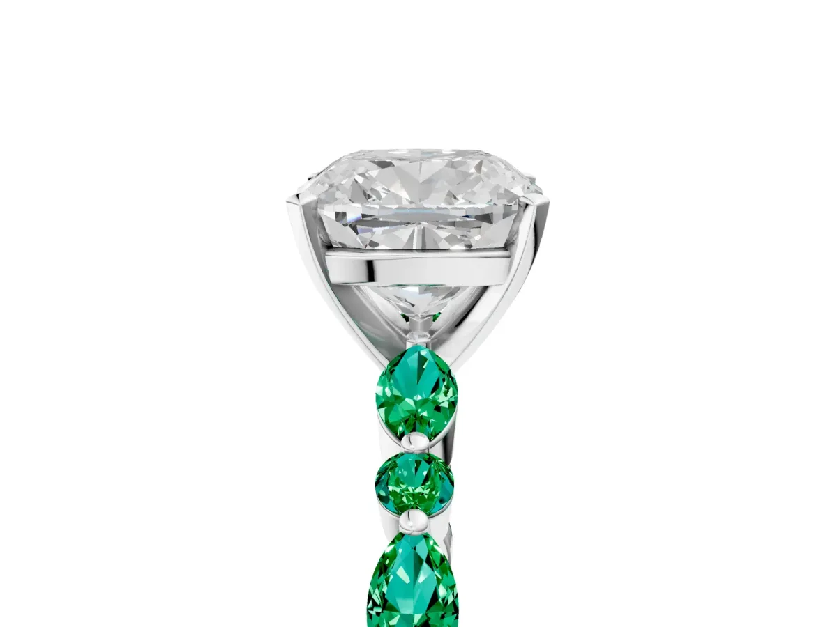 Cushion Cut Diamond Ring with Marquise and Round Emerald Side Stones and Four-Prong Setting Silver