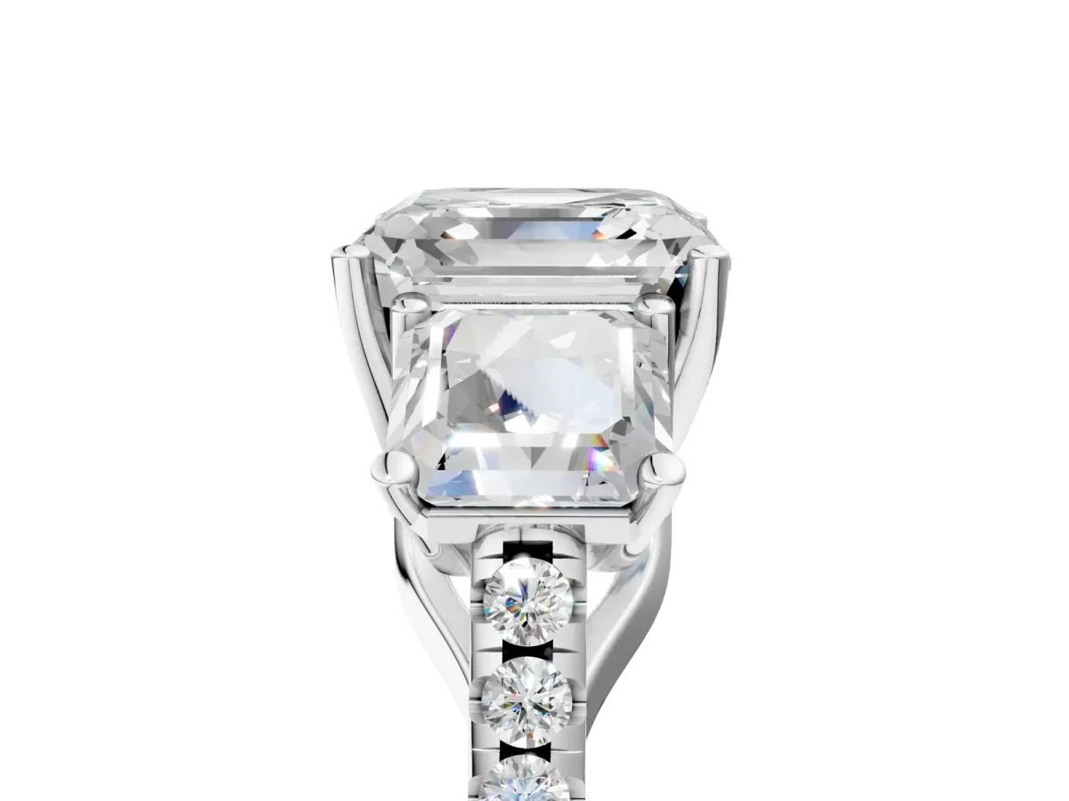 Three-Stone Asscher Cut Diamond Ring with Round Moissanite Pavé Band and Prong Setting Silver