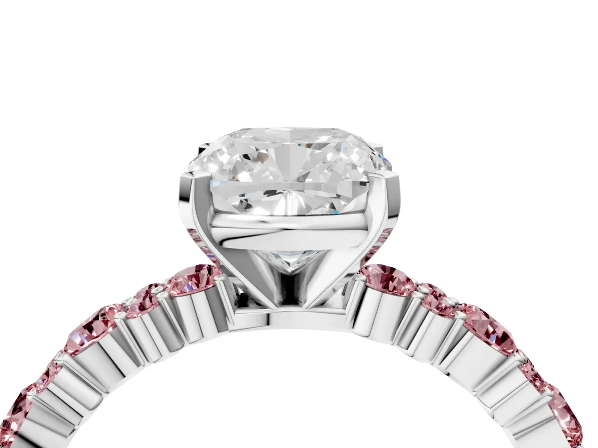 Cushion Cut Diamond Side Stone Solitaire Ring with Round Morganite and Four-Prong Setting Platinum